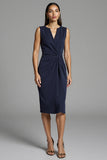 V-Neck Navy Bodycon Ruched Midi Work Dress