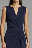 V-Neck Navy Bodycon Ruched Midi Work Dress