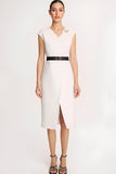 Ivory V-Neck Cap Sleeves Midi Bodycon Work Dress with Belt