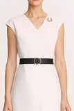 Ivory V-Neck Cap Sleeves Midi Bodycon Work Dress with Belt