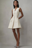 Ivory Short A Line V-Neck Work Dress with Pockets