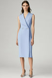 Sky Blue Bodycon V-Neck Midi Work Dress