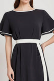 Black A Line Round Neck Long Work Dress with Sleeves