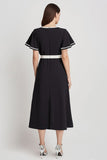 Black A Line Round Neck Long Work Dress with Sleeves