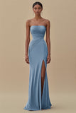 Black Strapless Pleated Long Formal Dress with Slit