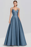 A Line Spaghetti Straps Satin Long Black Formal Dress