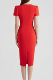 Red Patchwork Bodycon Midi Work Dress with Sleeves