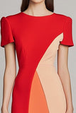 Red Patchwork Bodycon Midi Work Dress with Sleeves