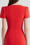 Red Patchwork Bodycon Midi Work Dress with Sleeves