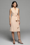 Champagne Notched Lapel Bodycon Midi Work Dress with Sash