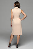 Champagne Notched Lapel Bodycon Midi Work Dress with Sash