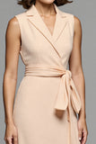 Champagne Notched Lapel Bodycon Midi Work Dress with Sash