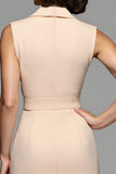 Champagne Notched Lapel Bodycon Midi Work Dress with Sash