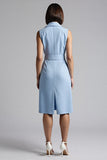 Sky Blue Bodycon Notched Lapel Midi Work Dress with Belt