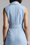 Sky Blue Bodycon Notched Lapel Midi Work Dress with Belt