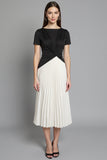Ivory and Black Patchwork Pleated Short Sleeves Long Work Dress