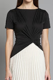 Ivory and Black Patchwork Pleated Short Sleeves Long Work Dress