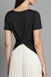 Ivory and Black Patchwork Pleated Short Sleeves Long Work Dress