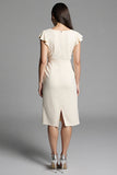 Ivory Bodycon Ruched Ruffled Midi Work Dress with Sash