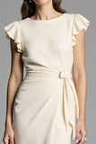 Ivory Bodycon Ruched Ruffled Midi Work Dress with Sash