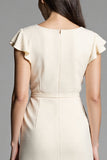 Ivory Bodycon Ruched Ruffled Midi Work Dress with Sash