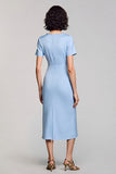 Sparkly Sky Blue Sheath Short Sleeves Square Neck Long Work Dress