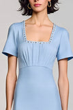 Sparkly Sky Blue Sheath Short Sleeves Square Neck Long Work Dress