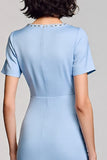 Sparkly Sky Blue Sheath Short Sleeves Square Neck Long Work Dress