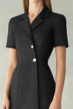 Black Bodycon Notched Lapel Short Sleeves Midi Work Dress