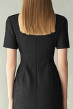 Black Bodycon Notched Lapel Short Sleeves Midi Work Dress