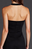 A Line Halter Black Midi Formal Dress with Slit