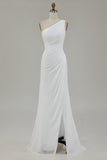 Chiffon Dark Navy One Shoulder Maxi Sheath Boho Formal Dress with Slit