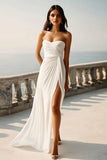 Ivory Chiffon Strapless Sheath Maxi Boho Formal Dress with Slit