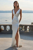 Ivory Satin Sheath V Neck Maxi Boho Formal with Slit