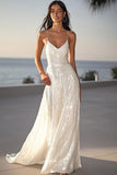 Sparkly Ivory Sequins Spaghetti Straps Maxi Boho Formal Dress