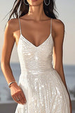 Sparkly Ivory Sequins Spaghetti Straps Maxi Boho Formal Dress