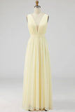 Ivory Pleated Chiffon Deep V-Neck Maxi Boho Formal Dress
