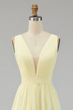Ivory Pleated Chiffon Deep V-Neck Maxi Boho Formal Dress