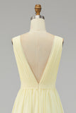 Ivory Pleated Chiffon Deep V-Neck Maxi Boho Formal Dress