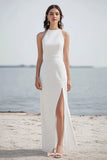 Satin Ivory Halter Sheath Long Boho Formal Dress with Slit