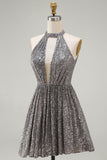 Sparkly Silver A-Line Keyhole Open Back Short Cocktail Dress
