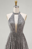 Sparkly Silver A-Line Keyhole Open Back Short Cocktail Dress