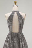Sparkly Silver A-Line Keyhole Open Back Short Cocktail Dress