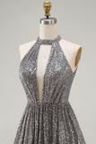 Sparkly Silver A-Line Keyhole Open Back Short Cocktail Dress