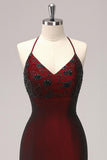 Sparkly Black Red Sheath Halter Long Formal Dress with Beading