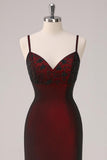 Sparkly Black Red Sheath Spaghetti Straps Long Formal Dress with Beading