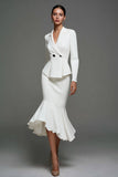 Ivory Notched Lapel Ruffled Midi Blazer Dress