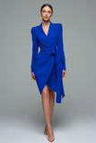 V-Neck Pencil Short Royal Blue Work Dress with Sash