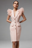 Pencil Single Breasted Short Pink Blazer Dress with Ruffles