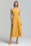 A Line Yellow V Neck Sleeveless Long Work Dress